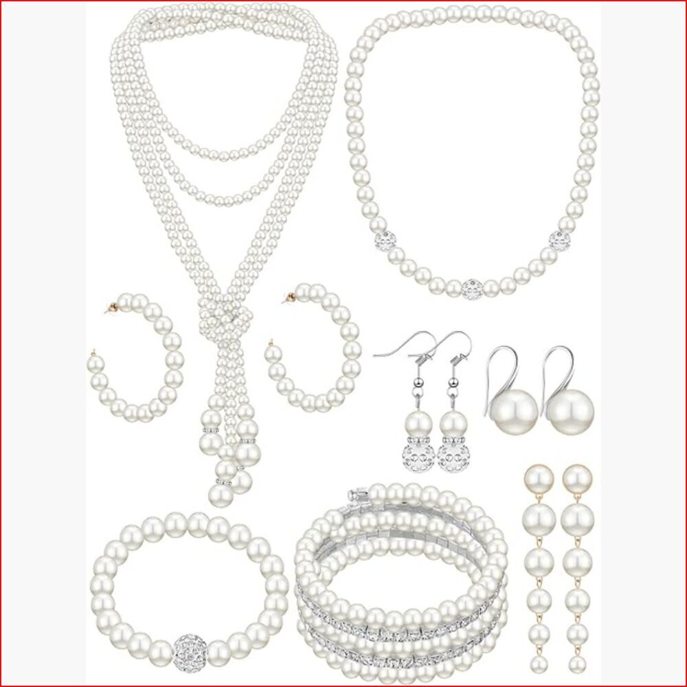 8 Piece Pearl Jewelry Set with Rhinestones for Wedding Party